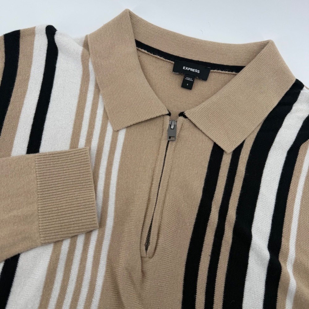 Express Polo Sweater Mens Small Tan Black White Striped Quarter Zip Cotton